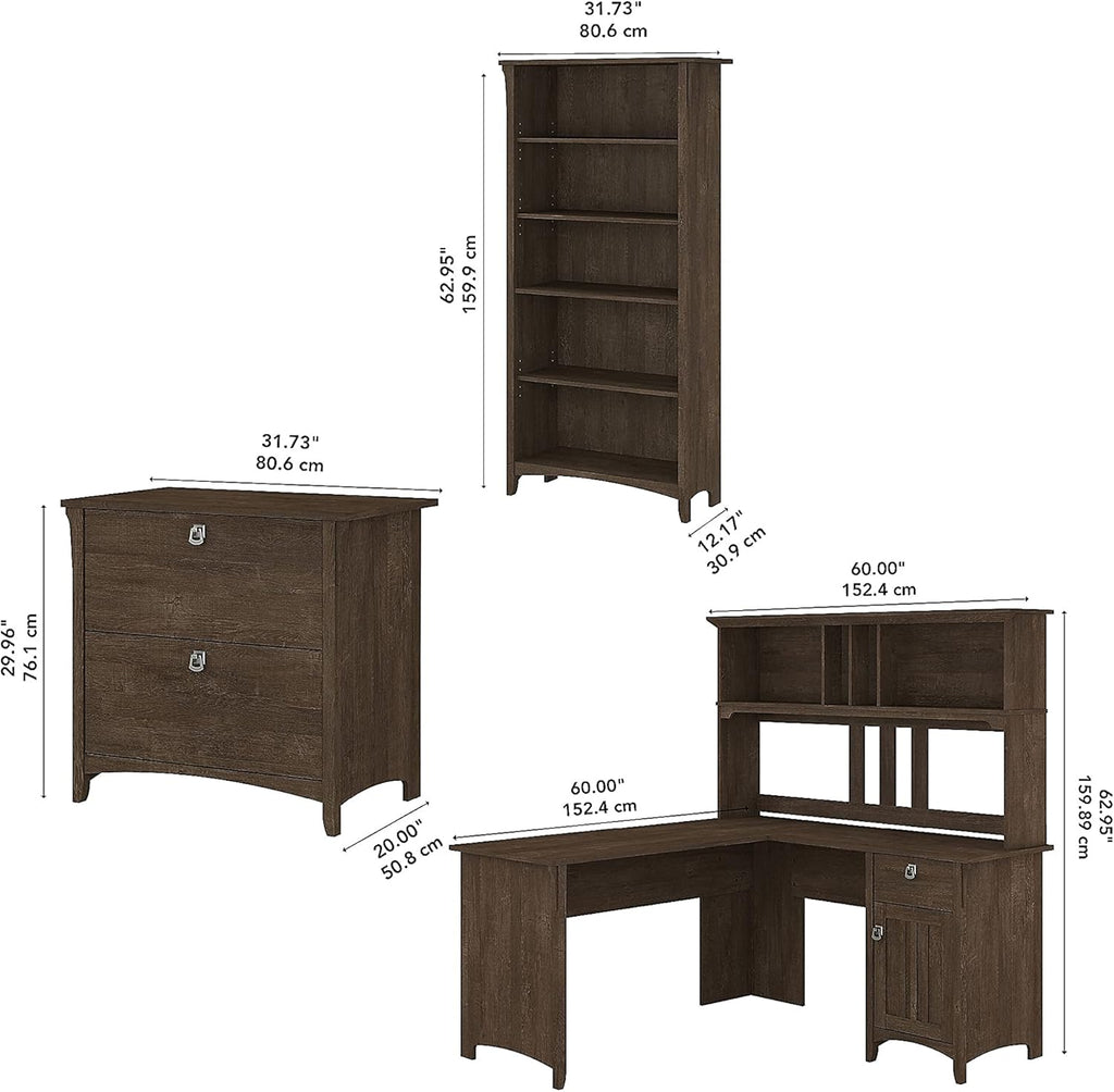 Bush Furniture Salinas 60W L Shaped Desk with Hutch, Lateral File Cabinet and 5 Shelf Bookcase in Antique White - Grand Goldman