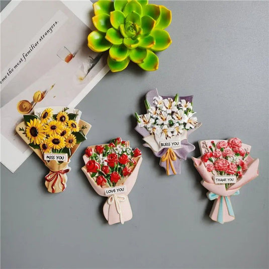 Buy 5 Get 1 3D Cute Fridge Magnets Kawaii Rose Sunflower Thank You Miss You Flower Bless You Simulate Succulent Plants Stickers - Grand Goldman