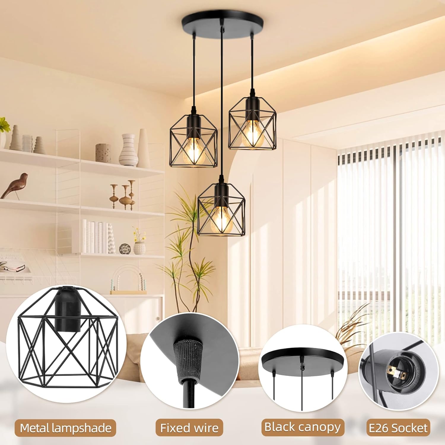 CANMEIJIA 3-Light Pendant Light Fixtures, Farmhouse Kitchen Island Light Fixture, Industrial Hanging Pendant Lighting for Dining Room Bedroom, Black Metal Cage Pendant, E26 Base, Bulbs Not Included - Grand Goldman