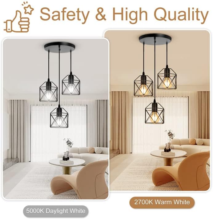 CANMEIJIA 3-Light Pendant Light Fixtures, Farmhouse Kitchen Island Light Fixture, Industrial Hanging Pendant Lighting for Dining Room Bedroom, Black Metal Cage Pendant, E26 Base, Bulbs Not Included - Grand Goldman