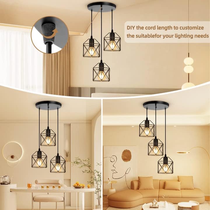 CANMEIJIA 3-Light Pendant Light Fixtures, Farmhouse Kitchen Island Light Fixture, Industrial Hanging Pendant Lighting for Dining Room Bedroom, Black Metal Cage Pendant, E26 Base, Bulbs Not Included - Grand Goldman
