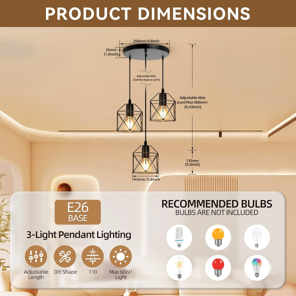 CANMEIJIA 3-Light Pendant Light Fixtures, Farmhouse Kitchen Island Light Fixture, Industrial Hanging Pendant Lighting for Dining Room Bedroom, Black Metal Cage Pendant, E26 Base, Bulbs Not Included - Grand Goldman