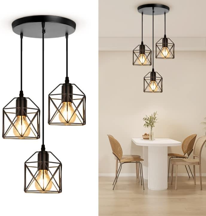 CANMEIJIA 3-Light Pendant Light Fixtures, Farmhouse Kitchen Island Light Fixture, Industrial Hanging Pendant Lighting for Dining Room Bedroom, Black Metal Cage Pendant, E26 Base, Bulbs Not Included - Grand Goldman