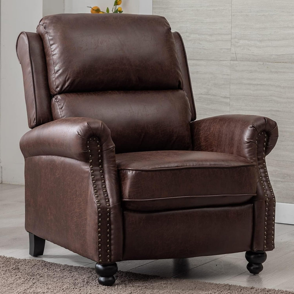 CANMOV Pushback Recliner Chair Faux Leather Armchair Push Back Recliner with Rivet Decoration Single Sofa Accent Chair for Living Room, Chocolate - Grand Goldman