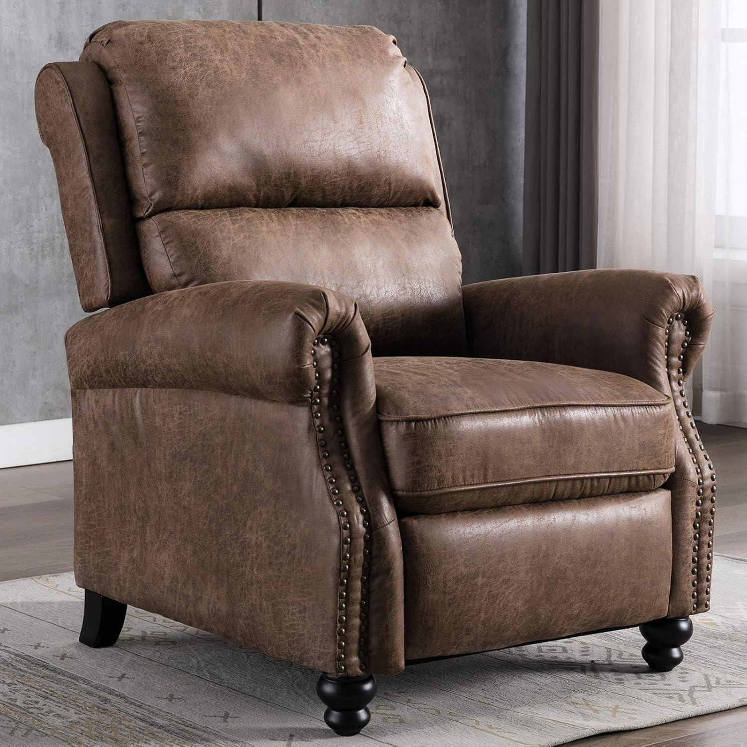 CANMOV Pushback Recliner Chair Faux Leather Armchair Push Back Recliner with Rivet Decoration Single Sofa Accent Chair for Living Room, Chocolate - Grand Goldman