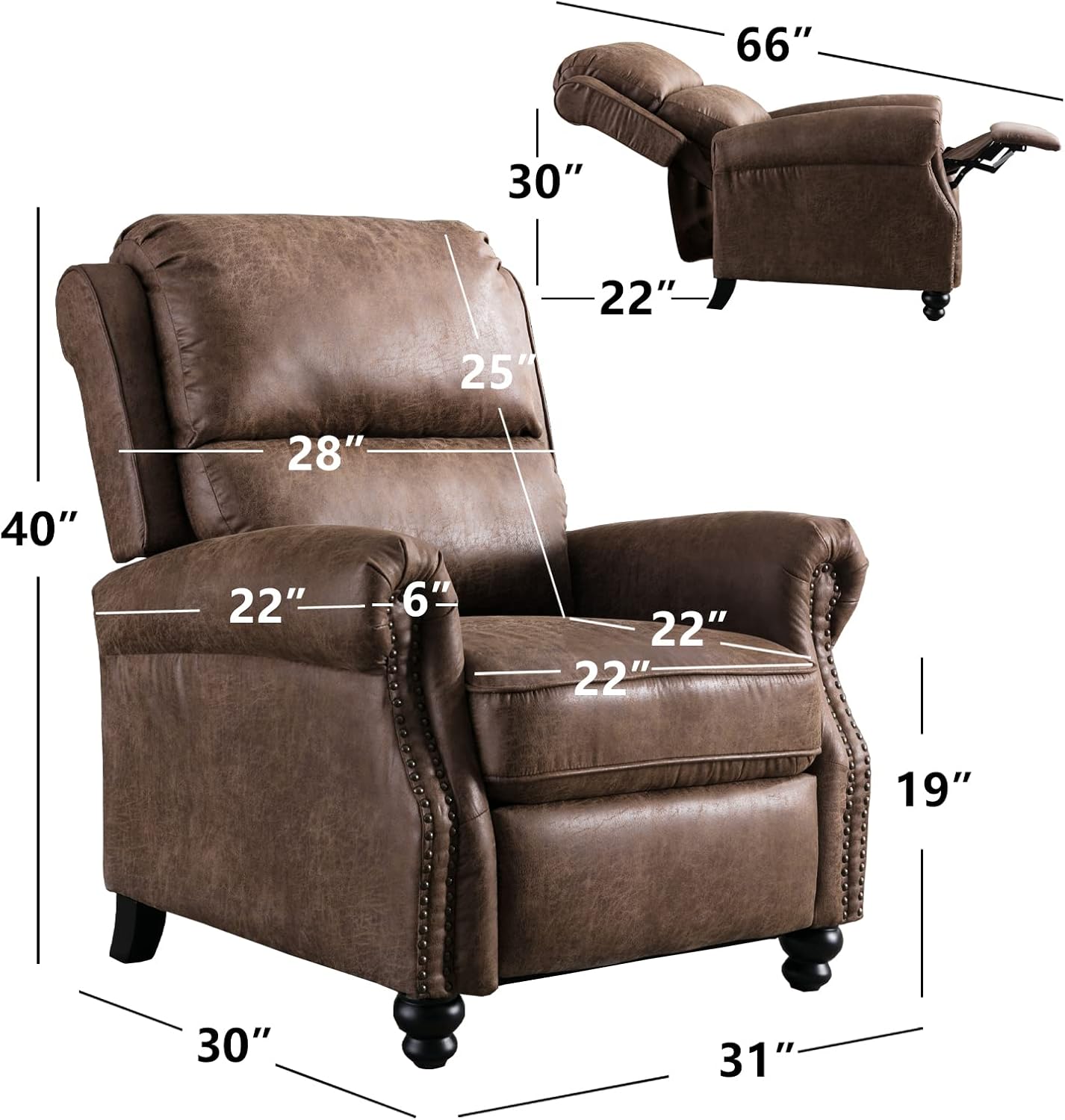 CANMOV Pushback Recliner Chair Faux Leather Armchair Push Back Recliner with Rivet Decoration Single Sofa Accent Chair for Living Room, Chocolate - Grand Goldman