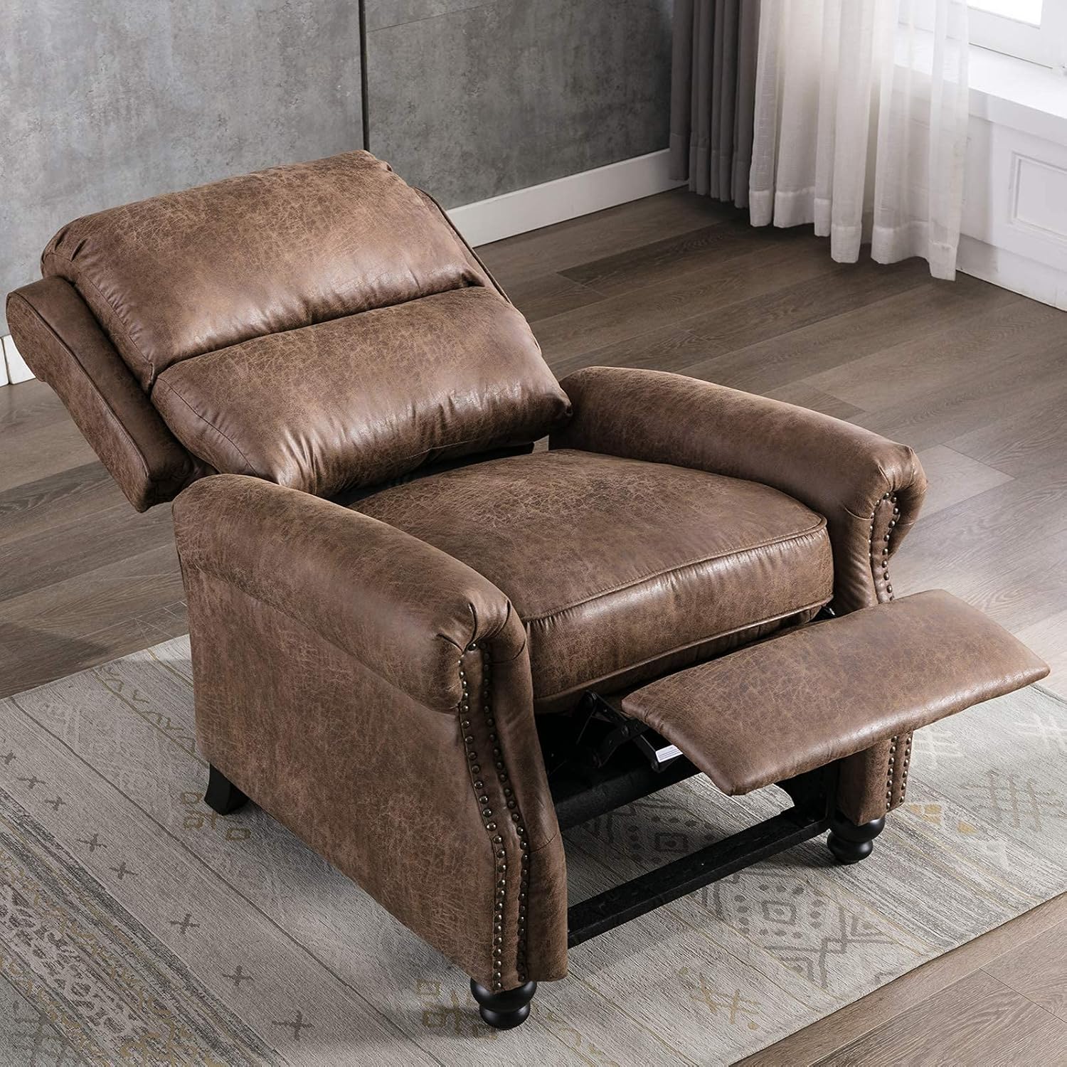 CANMOV Pushback Recliner Chair Faux Leather Armchair Push Back Recliner with Rivet Decoration Single Sofa Accent Chair for Living Room, Chocolate - Grand Goldman
