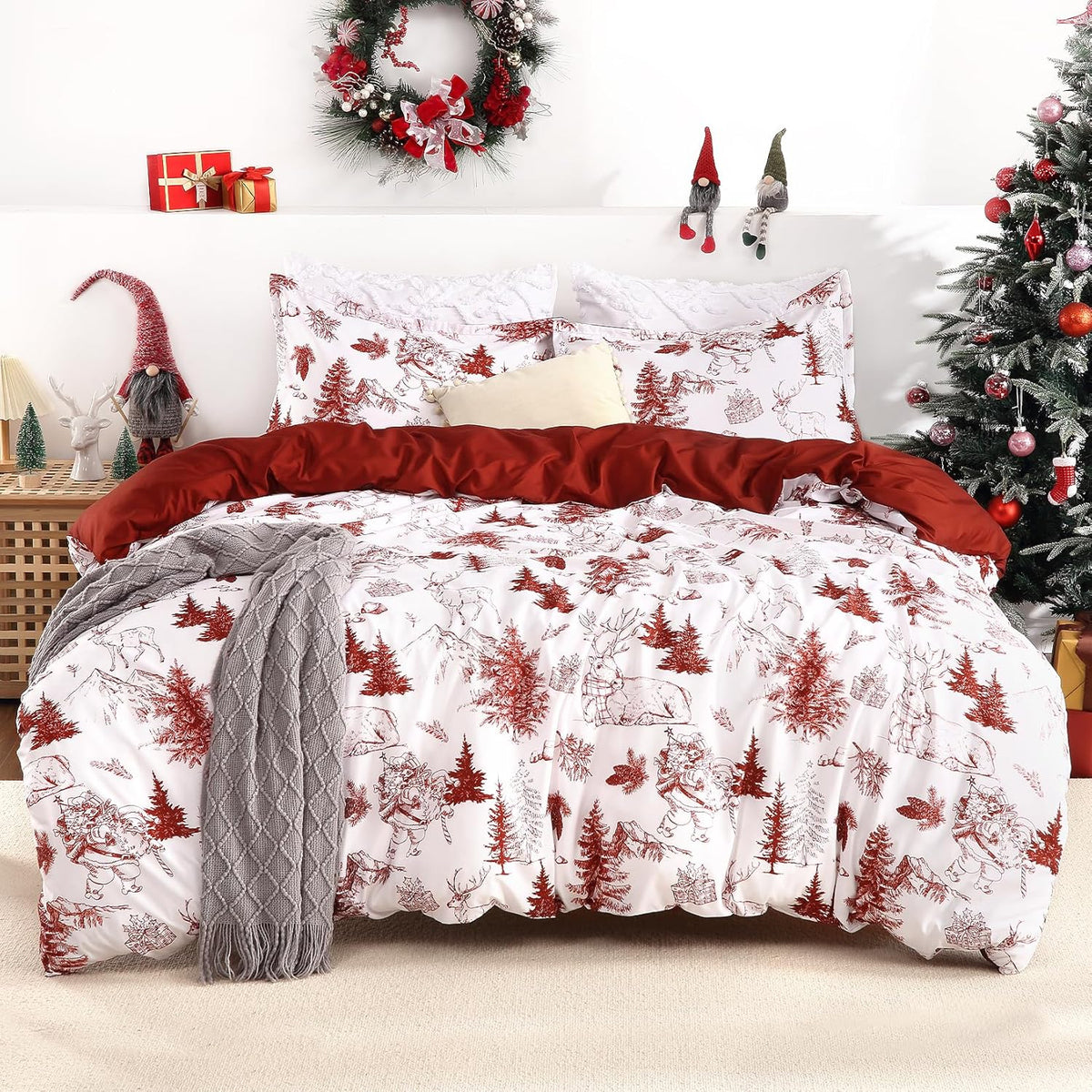 CAROMIO Christmas Duvet Cover Queen, Soft Microfiber Red Duvet Covers, Reversible Printed Comforter Cover Set Christmas Holiday Decorative Bedding (Christmas Reindeer and Tree, Queen) - Grand Goldman
