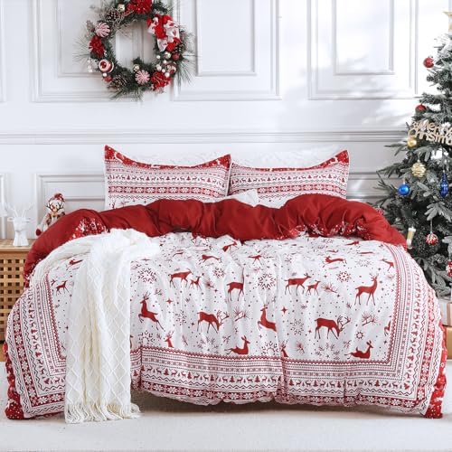 CAROMIO Christmas Duvet Cover Queen, Soft Microfiber Red Duvet Covers, Reversible Printed Comforter Cover Set Christmas Holiday Decorative Bedding (Christmas Reindeer and Tree, Queen) - Grand Goldman