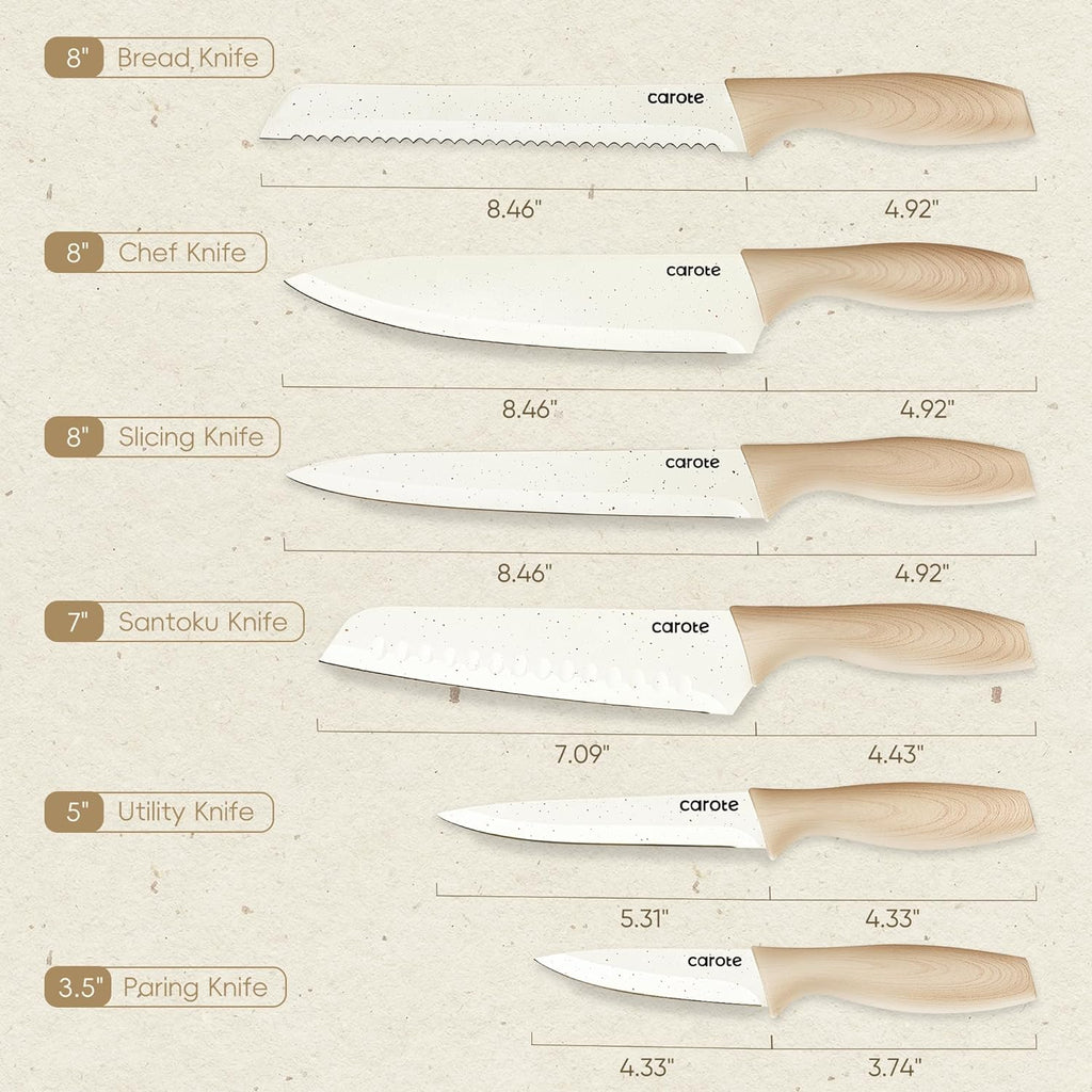 CAROTE 12PCS Knife set with Blade Guards,Granite Nonstick Ceramic Coating,Stainless Steel blade, Wooden Handle, Essential knife set,White - Grand Goldman