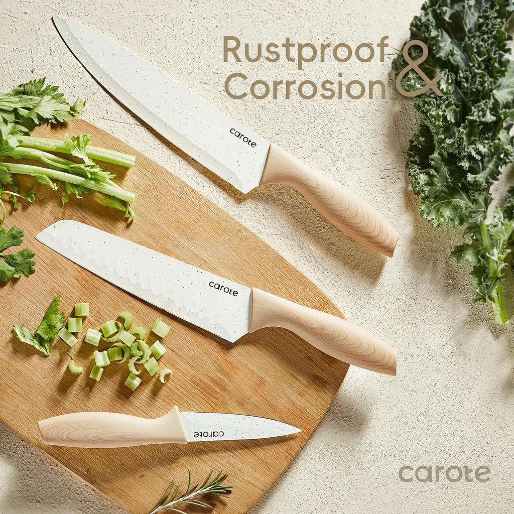 CAROTE 12PCS Knife set with Blade Guards,Granite Nonstick Ceramic Coating,Stainless Steel blade, Wooden Handle, Essential knife set,White - Grand Goldman