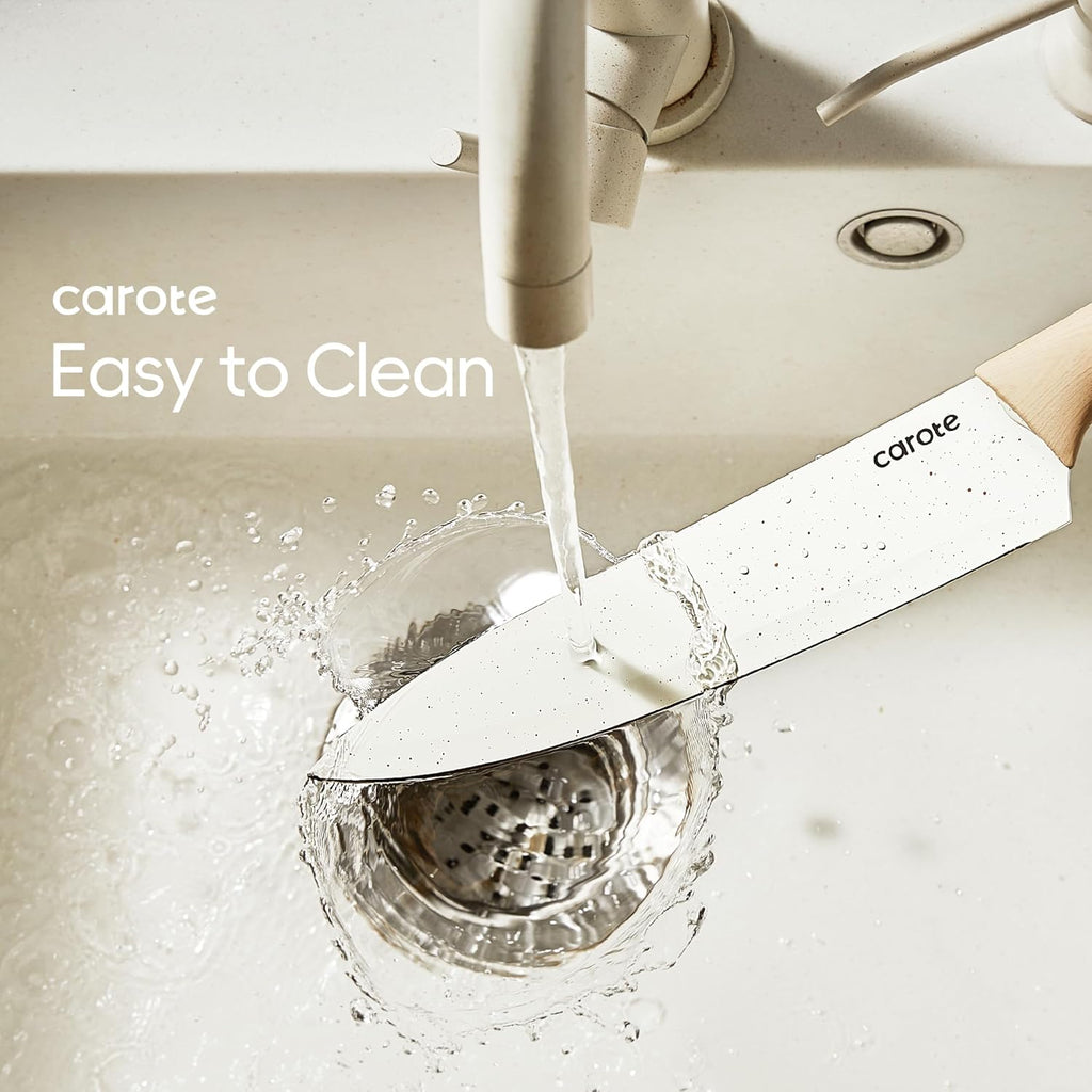 CAROTE 12PCS Knife set with Blade Guards,Granite Nonstick Ceramic Coating,Stainless Steel blade, Wooden Handle, Essential knife set,White - Grand Goldman