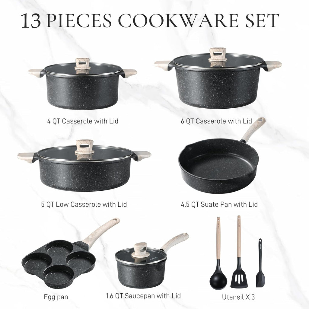 CAROTE 14 Pcs Pots and Pans Set Nonstick,Cookware Set Kitchen Cooking Set with Utensil and Pan Protectors - Grand Goldman