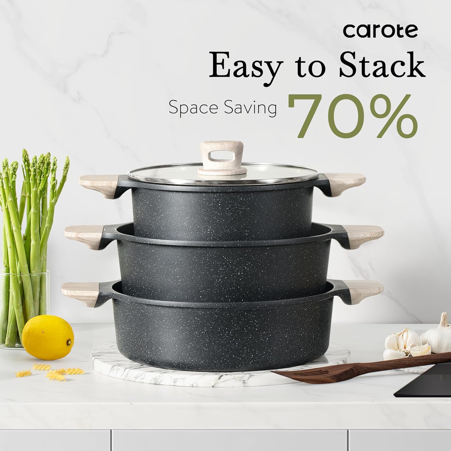 CAROTE 14 Pcs Pots and Pans Set Nonstick,Cookware Set Kitchen Cooking Set with Utensil and Pan Protectors - Grand Goldman