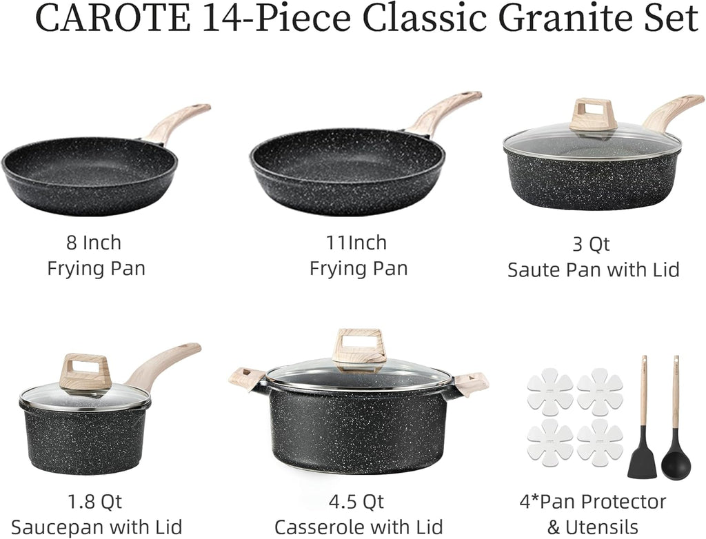 CAROTE 14 Pcs Pots and Pans Set Nonstick,Cookware Set Kitchen Cooking Set with Utensil and Pan Protectors - Grand Goldman