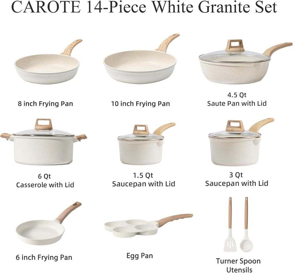 CAROTE 14 Pcs Pots and Pans Set Nonstick,Cookware Set Kitchen Cooking Set with Utensil and Pan Protectors - Grand Goldman