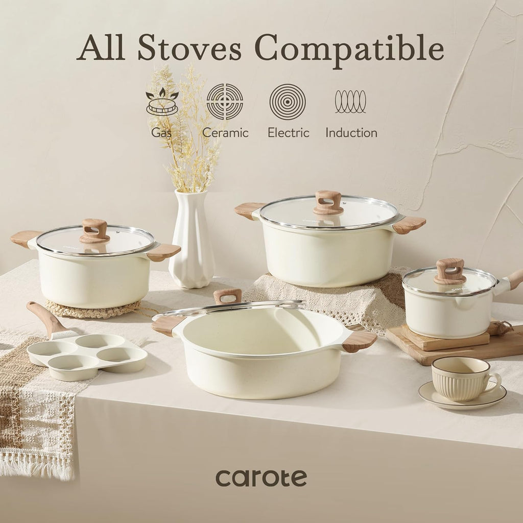 CAROTE 14 Pcs Pots and Pans Set Nonstick,Cookware Set Kitchen Cooking Set with Utensil and Pan Protectors - Grand Goldman