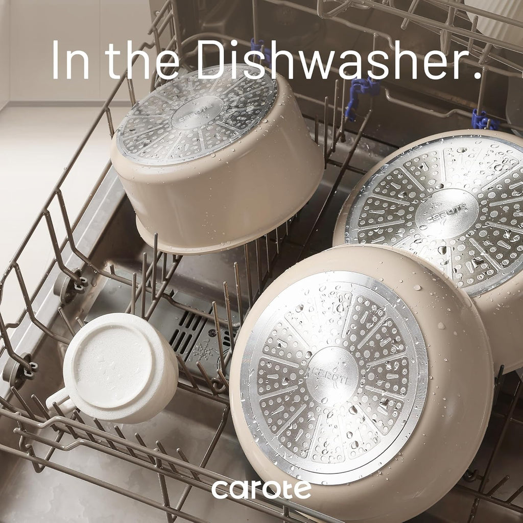 CAROTE 15pcs Ceramic Cookware Set, Pots and Pans Set, Induction Nonstick Kitchen Cookware Sets, Non Stick RV Cookware Set with Detachable Handle, Dishwasher/Oven Safe Cookware Set, Taupe - Grand Goldman