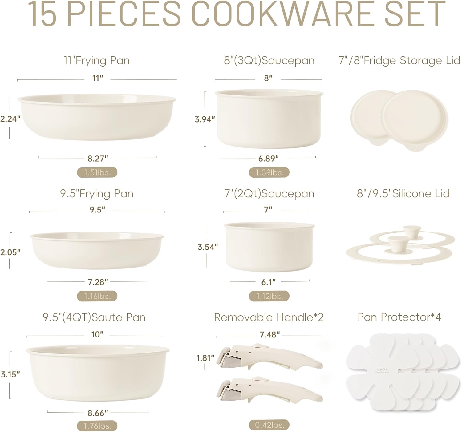 CAROTE 15pcs Ceramic Cookware Set, Pots and Pans Set, Induction Nonstick Kitchen Cookware Sets, Non Stick RV Cookware Set with Detachable Handle, Dishwasher/Oven Safe Cookware Set, Taupe - Grand Goldman