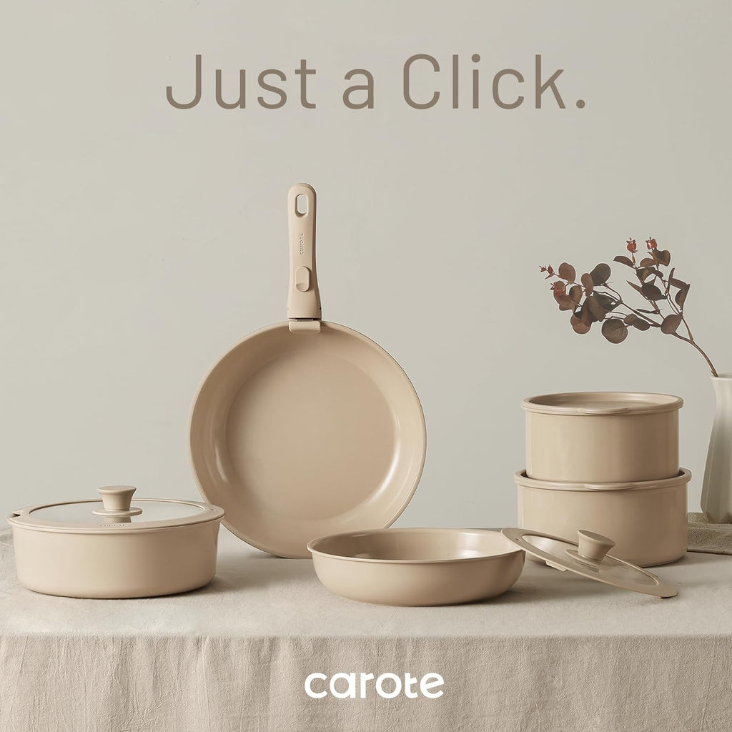 CAROTE 15pcs Ceramic Cookware Set, Pots and Pans Set, Induction Nonstick Kitchen Cookware Sets, Non Stick RV Cookware Set with Detachable Handle, Dishwasher/Oven Safe Cookware Set, Taupe - Grand Goldman