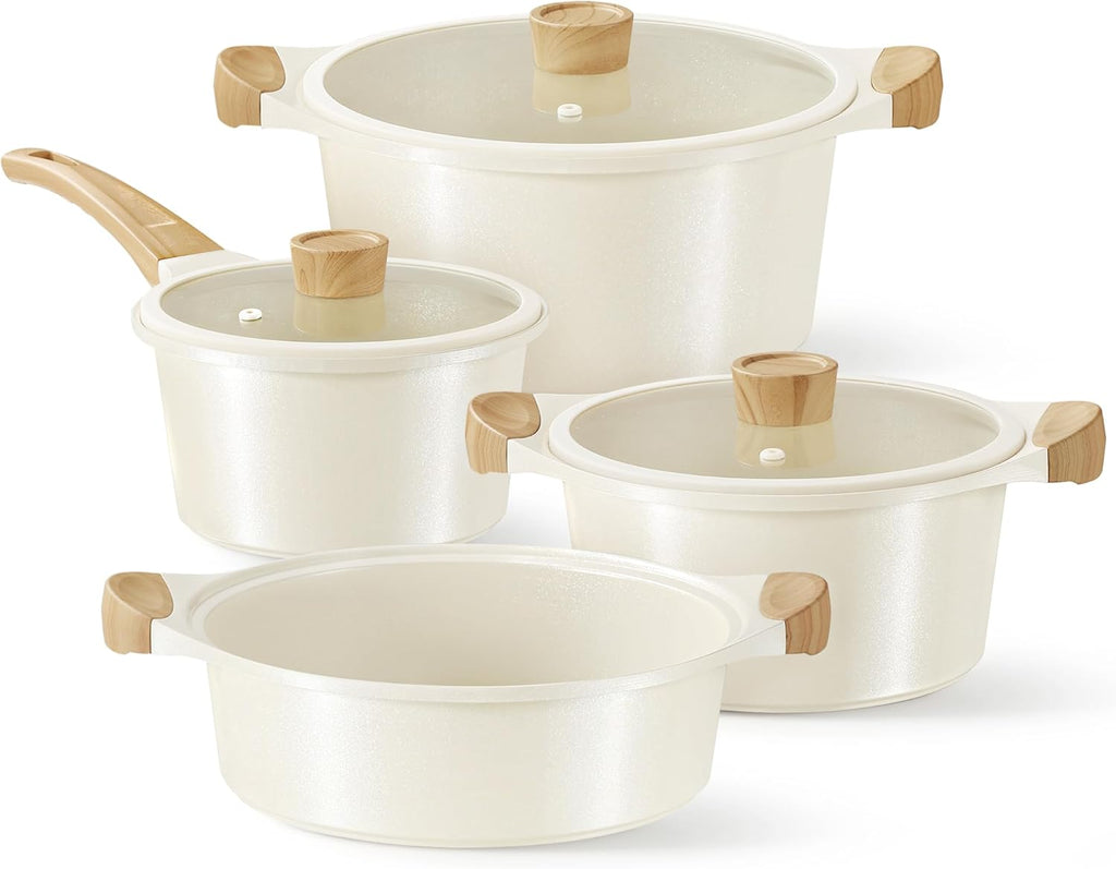 CAROTE 21Pcs Pots and Pans Set, Nonstick Cookware Sets, White Granite Induction Cookware Non Stick Cooking Set w/Frying Pans & Saucepans(PFOS, PFOA Free) - Grand Goldman