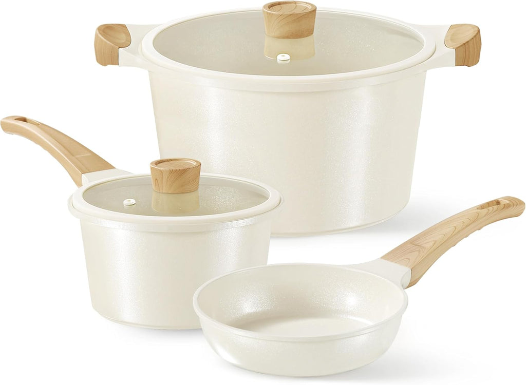 CAROTE 21Pcs Pots and Pans Set, Nonstick Cookware Sets, White Granite Induction Cookware Non Stick Cooking Set w/Frying Pans & Saucepans(PFOS, PFOA Free) - Grand Goldman