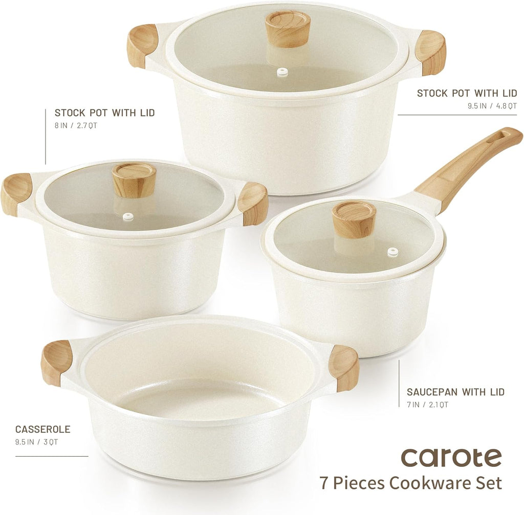 CAROTE 21Pcs Pots and Pans Set, Nonstick Cookware Sets, White Granite Induction Cookware Non Stick Cooking Set w/Frying Pans & Saucepans(PFOS, PFOA Free) - Grand Goldman