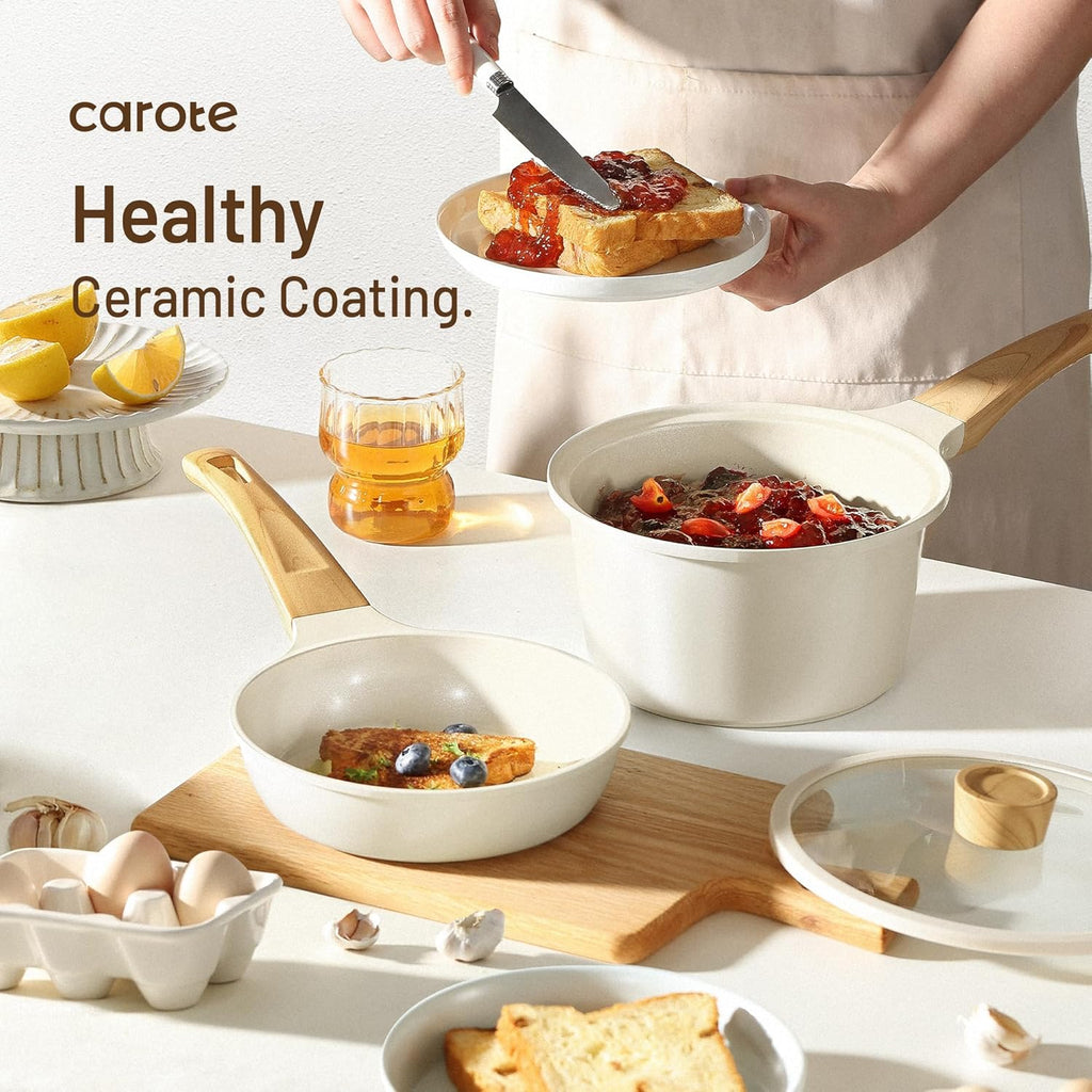 CAROTE 21Pcs Pots and Pans Set, Nonstick Cookware Sets, White Granite Induction Cookware Non Stick Cooking Set w/Frying Pans & Saucepans(PFOS, PFOA Free) - Grand Goldman