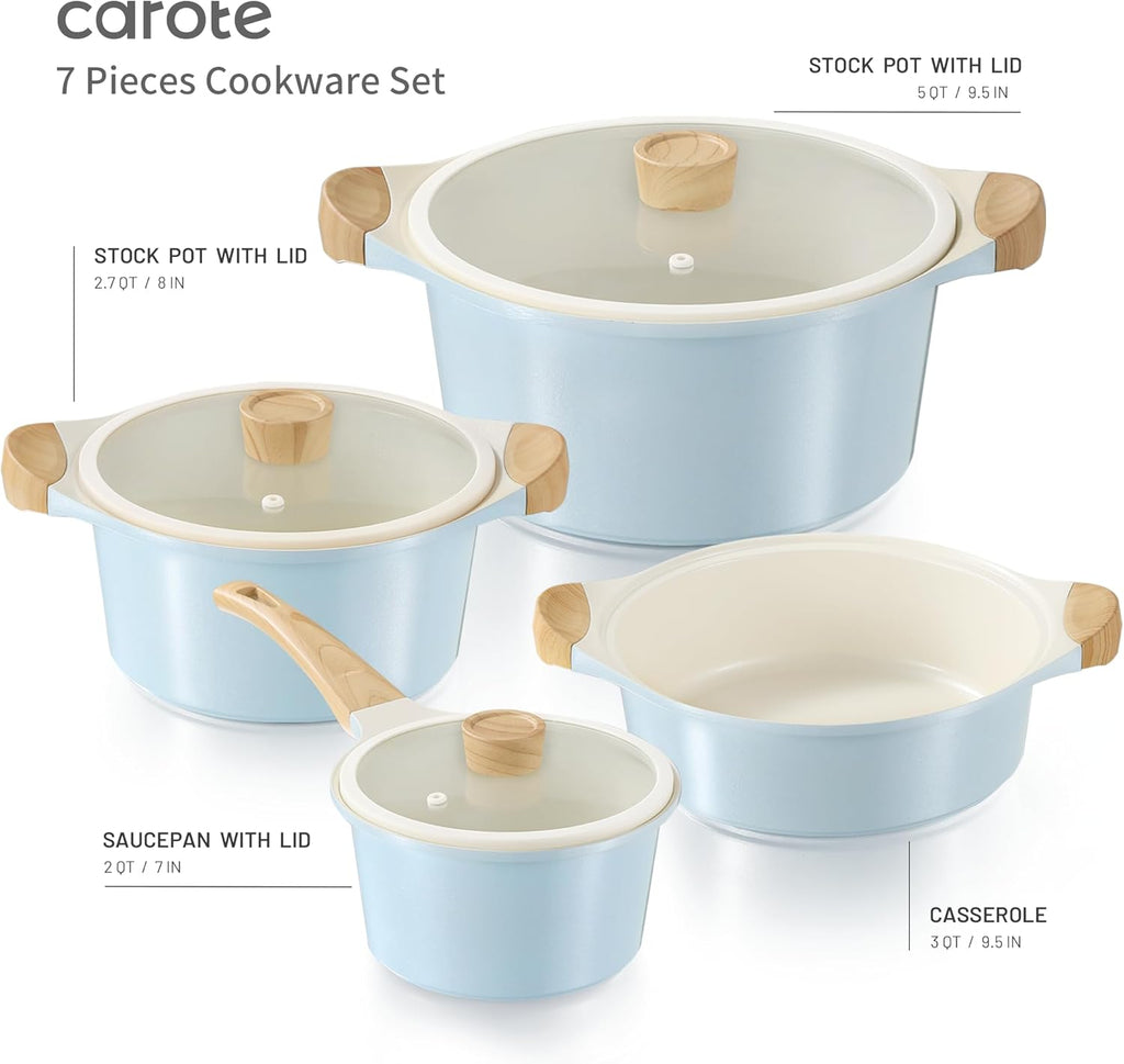 CAROTE 21Pcs Pots and Pans Set, Nonstick Cookware Sets, White Granite Induction Cookware Non Stick Cooking Set w/Frying Pans & Saucepans(PFOS, PFOA Free) - Grand Goldman