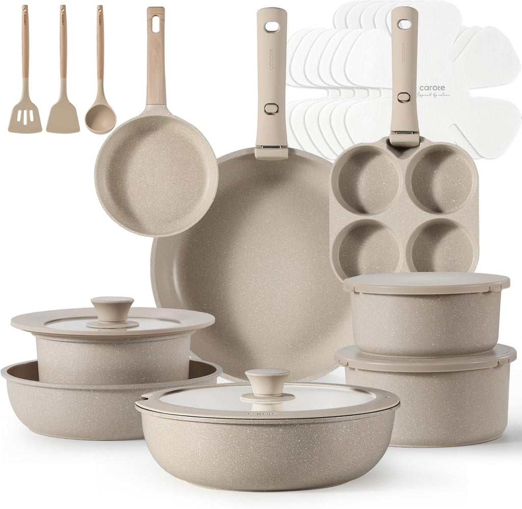 CAROTE Pots and Pans Set, Nonstick Cookware Set Detachable Handle, 11pcs Kitchen Cookware Sets Non Stick with Removable Handle, Induction RV Cookware Set, Oven Safe, Taupe - Grand Goldman