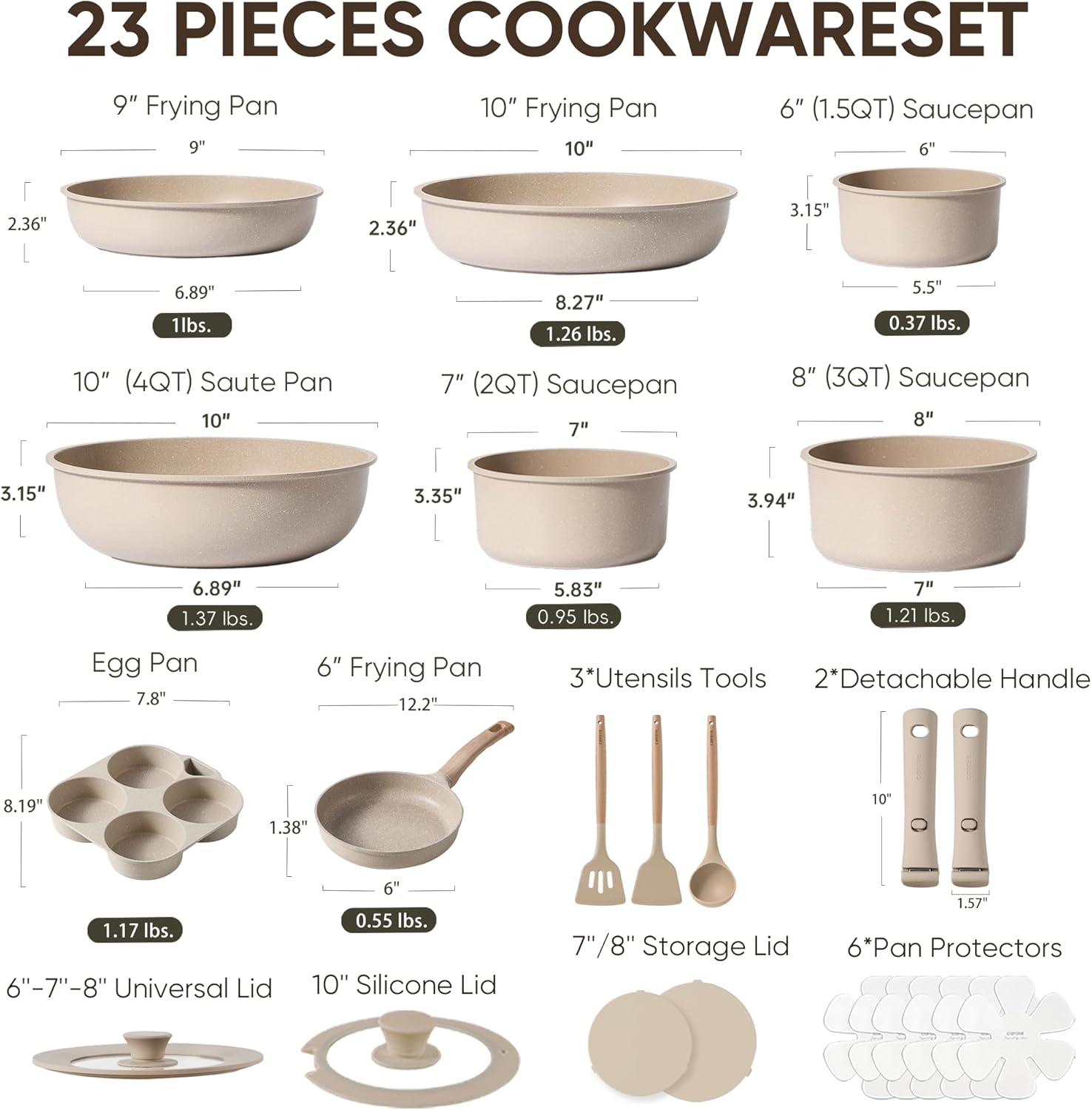 CAROTE Pots and Pans Set, Nonstick Cookware Set Detachable Handle, 11pcs Kitchen Cookware Sets Non Stick with Removable Handle, Induction RV Cookware Set, Oven Safe, Taupe - Grand Goldman