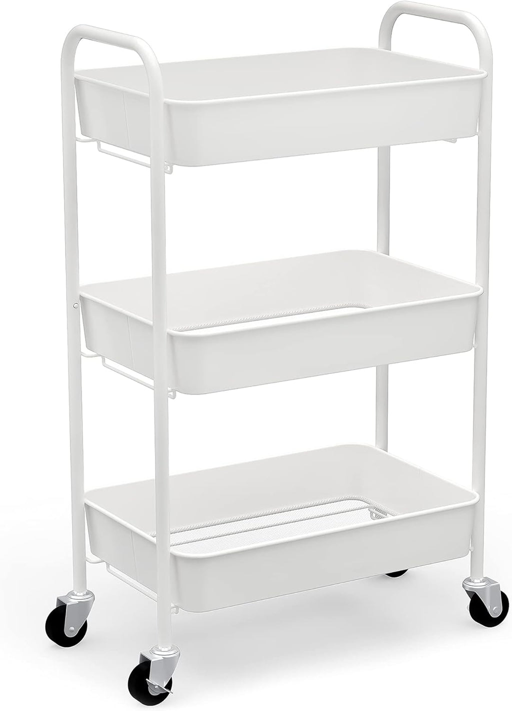 CAXXA 3-Tier Rolling Metal Storage Organizer - Mobile Utility Cart Kitchen Cart with Caster Wheels, White - Grand Goldman