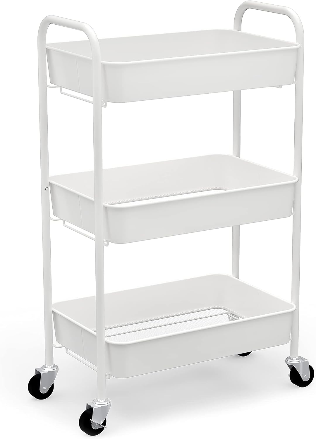 CAXXA 3-Tier Rolling Metal Storage Organizer - Mobile Utility Cart Kitchen Cart with Caster Wheels, White - Grand Goldman