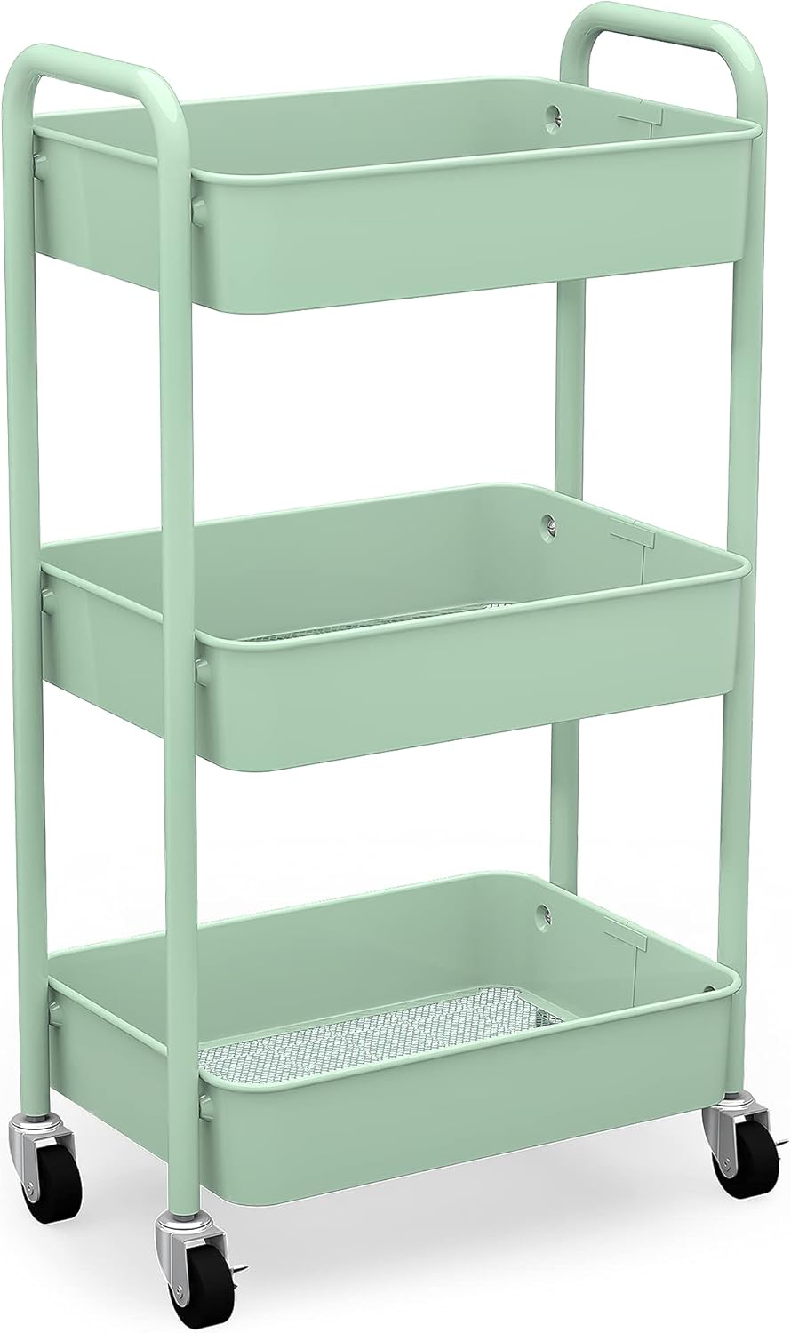 CAXXA 3-Tier Rolling Metal Storage Organizer - Mobile Utility Cart Kitchen Cart with Caster Wheels, White - Grand Goldman