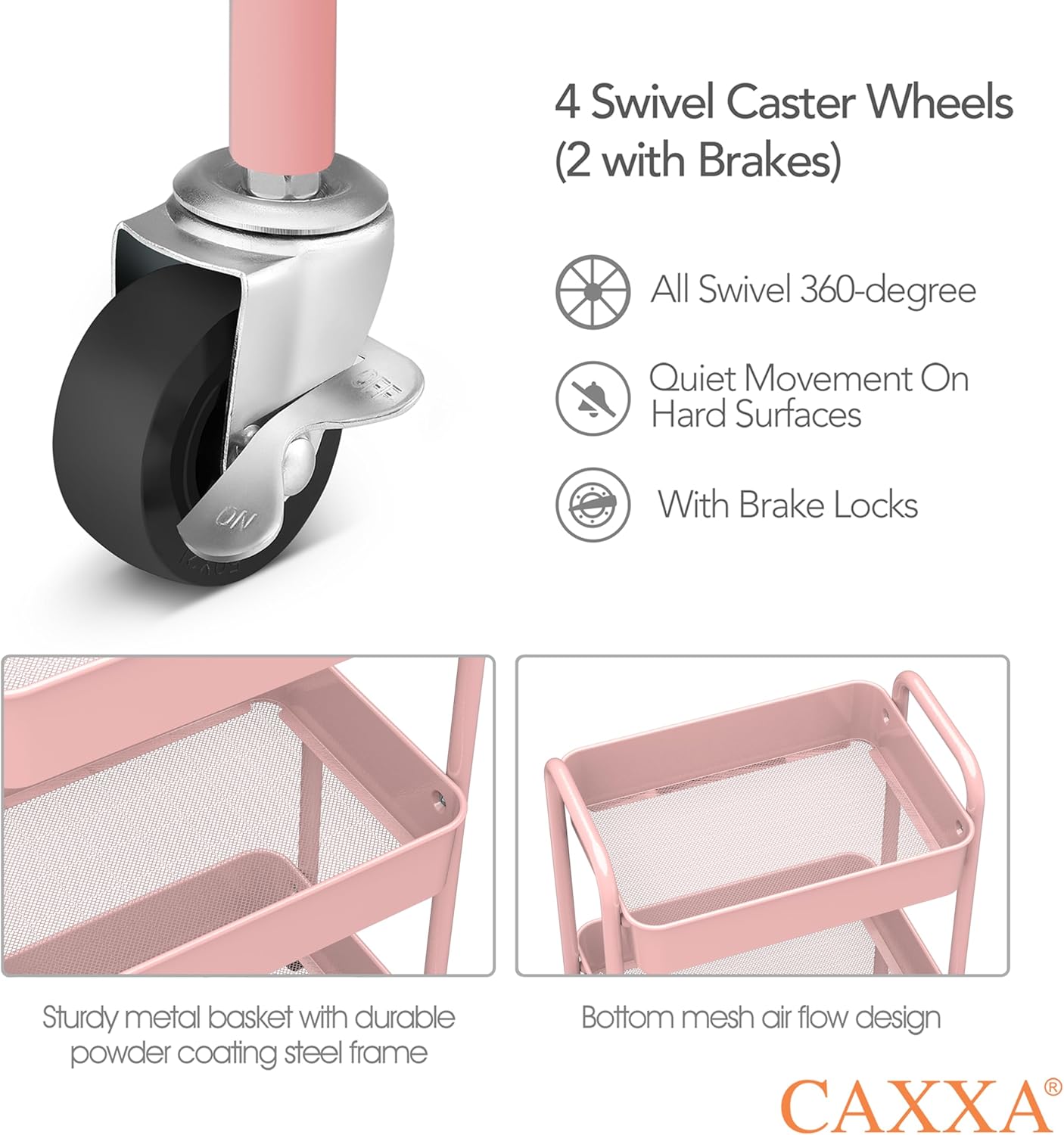 CAXXA 3-Tier Rolling Metal Storage Organizer - Mobile Utility Cart Kitchen Cart with Caster Wheels, White - Grand Goldman