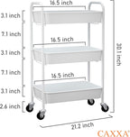 CAXXA 3-Tier Rolling Metal Storage Organizer - Mobile Utility Cart Kitchen Cart with Caster Wheels, White - Grand Goldman