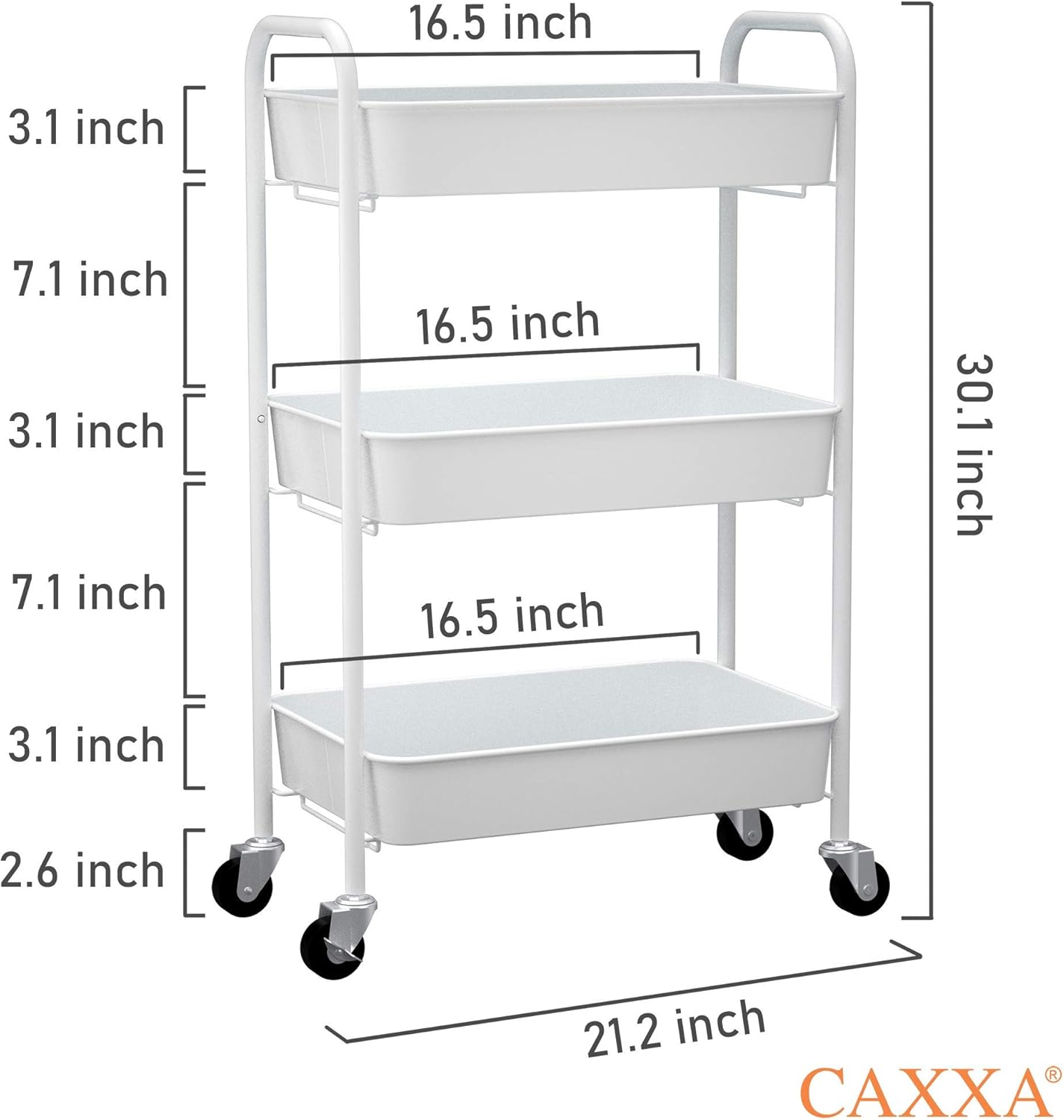 CAXXA 3-Tier Rolling Metal Storage Organizer - Mobile Utility Cart Kitchen Cart with Caster Wheels, White - Grand Goldman