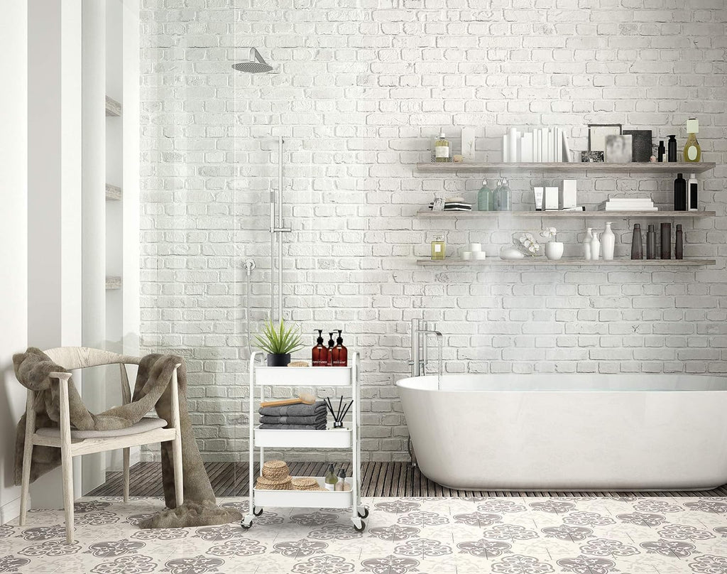 CAXXA 3-Tier Rolling Metal Storage Organizer - Mobile Utility Cart Kitchen Cart with Caster Wheels, White - Grand Goldman