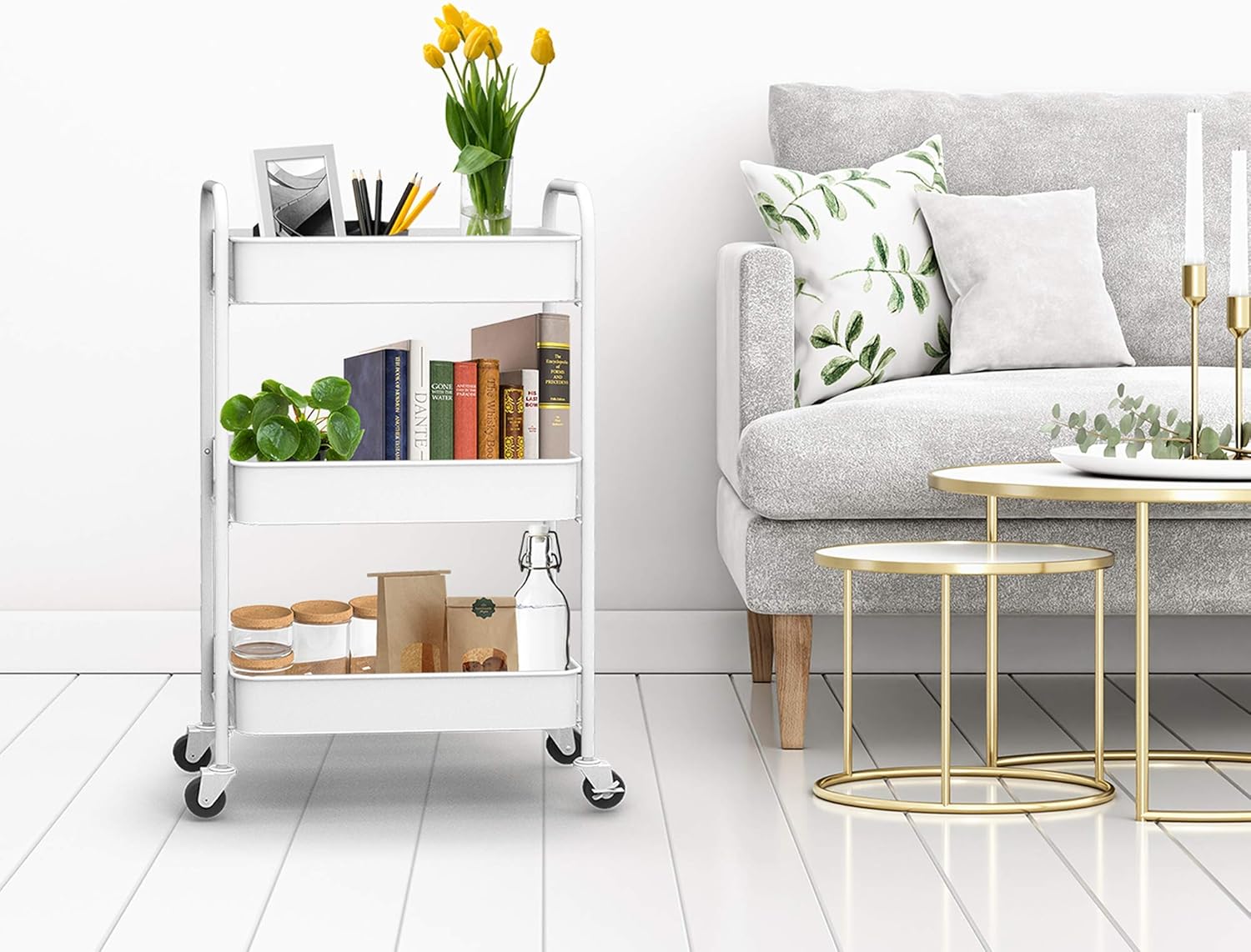 CAXXA 3-Tier Rolling Metal Storage Organizer - Mobile Utility Cart Kitchen Cart with Caster Wheels, White - Grand Goldman