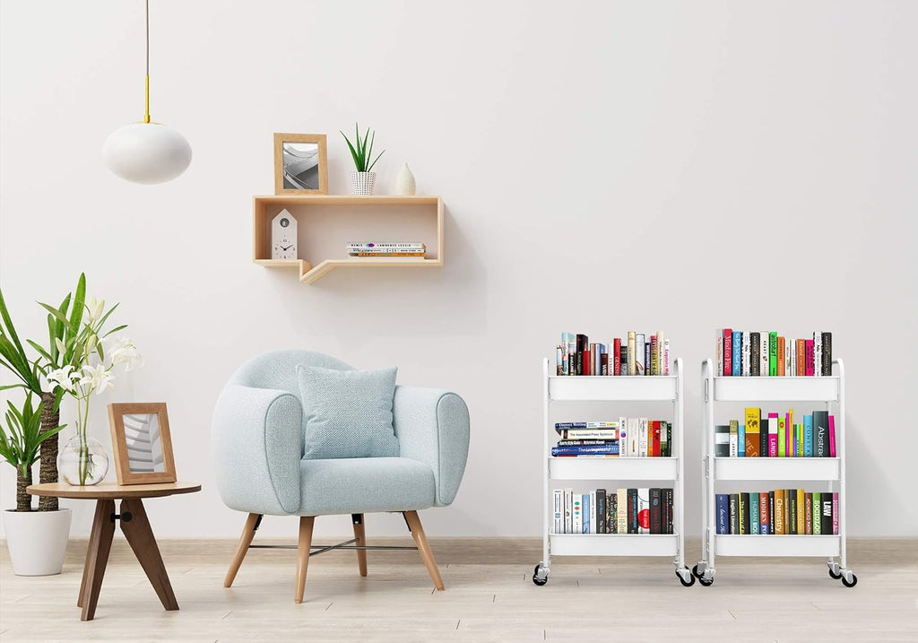 CAXXA 3-Tier Rolling Metal Storage Organizer - Mobile Utility Cart Kitchen Cart with Caster Wheels, White - Grand Goldman