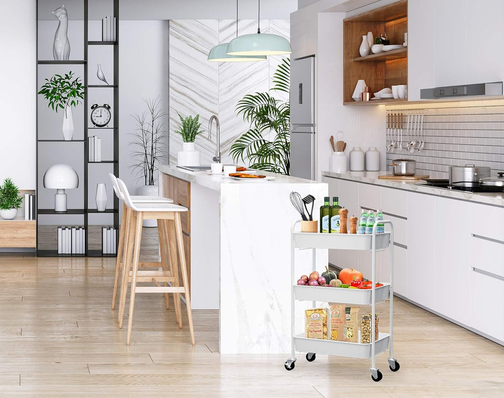 CAXXA 3-Tier Rolling Metal Storage Organizer - Mobile Utility Cart Kitchen Cart with Caster Wheels, White - Grand Goldman