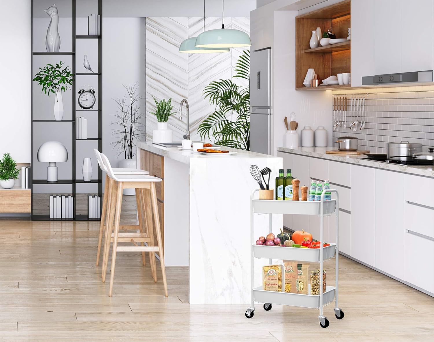 CAXXA 3-Tier Rolling Metal Storage Organizer - Mobile Utility Cart Kitchen Cart with Caster Wheels, White - Grand Goldman