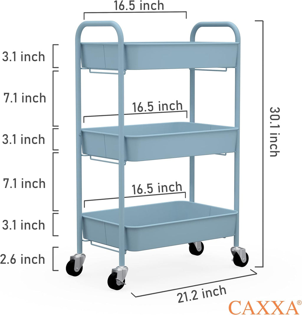 CAXXA 3-Tier Rolling Metal Storage Organizer - Mobile Utility Cart Kitchen Cart with Caster Wheels, White - Grand Goldman