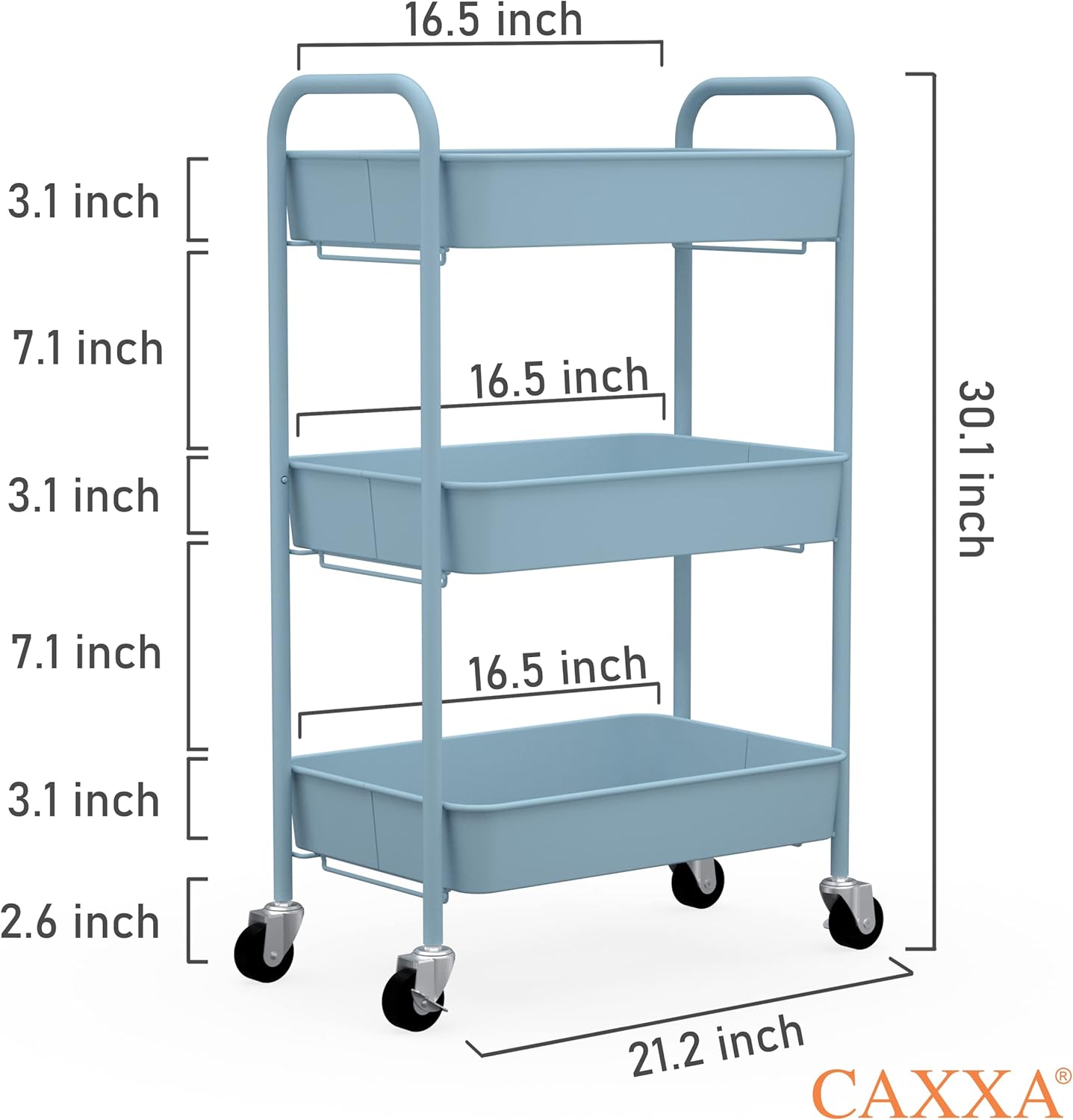 CAXXA 3-Tier Rolling Metal Storage Organizer - Mobile Utility Cart Kitchen Cart with Caster Wheels, White - Grand Goldman