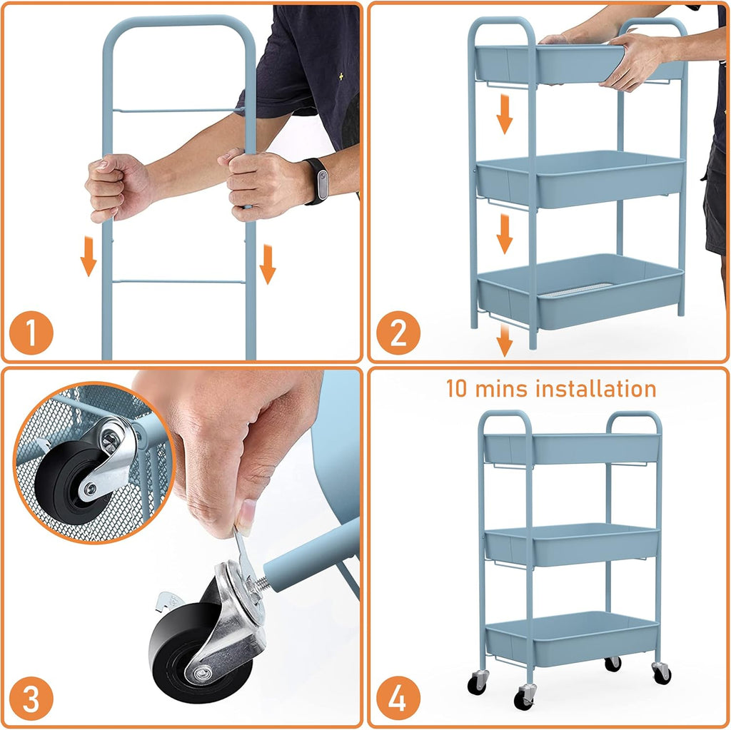 CAXXA 3-Tier Rolling Metal Storage Organizer - Mobile Utility Cart Kitchen Cart with Caster Wheels, White - Grand Goldman