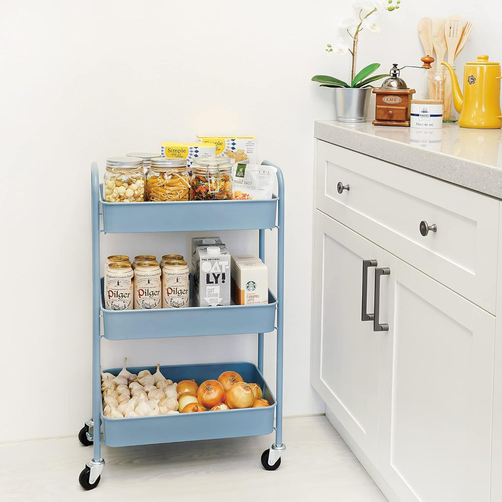 CAXXA 3-Tier Rolling Metal Storage Organizer - Mobile Utility Cart Kitchen Cart with Caster Wheels, White - Grand Goldman
