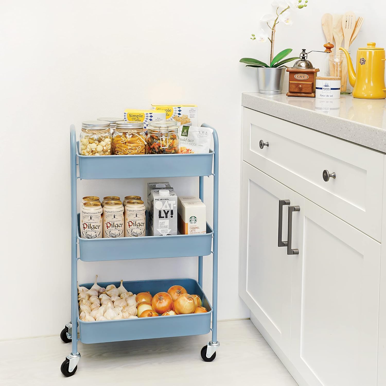 CAXXA 3-Tier Rolling Metal Storage Organizer - Mobile Utility Cart Kitchen Cart with Caster Wheels, White - Grand Goldman
