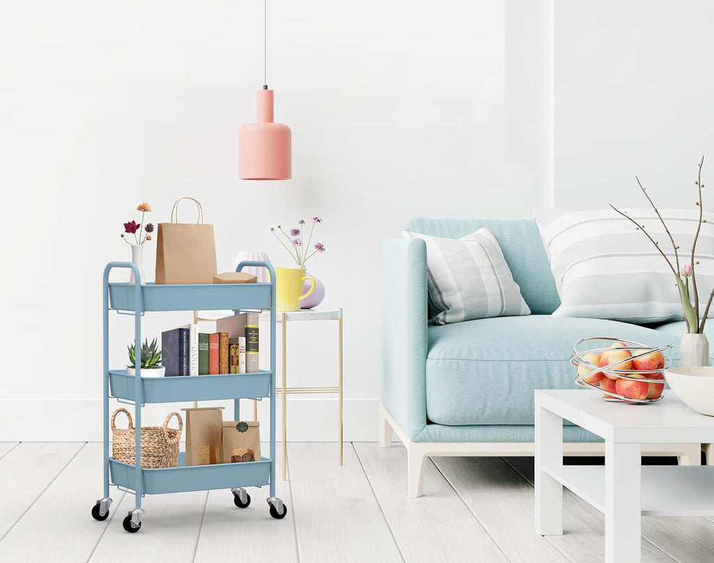CAXXA 3-Tier Rolling Metal Storage Organizer - Mobile Utility Cart Kitchen Cart with Caster Wheels, White - Grand Goldman