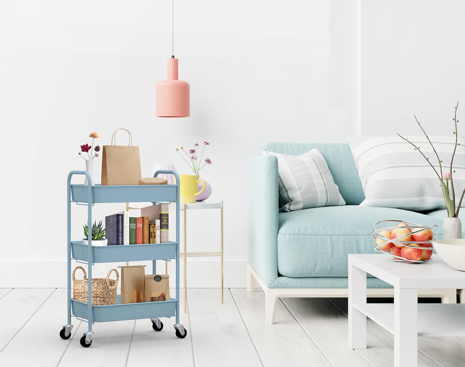 CAXXA 3-Tier Rolling Metal Storage Organizer - Mobile Utility Cart Kitchen Cart with Caster Wheels, White - Grand Goldman