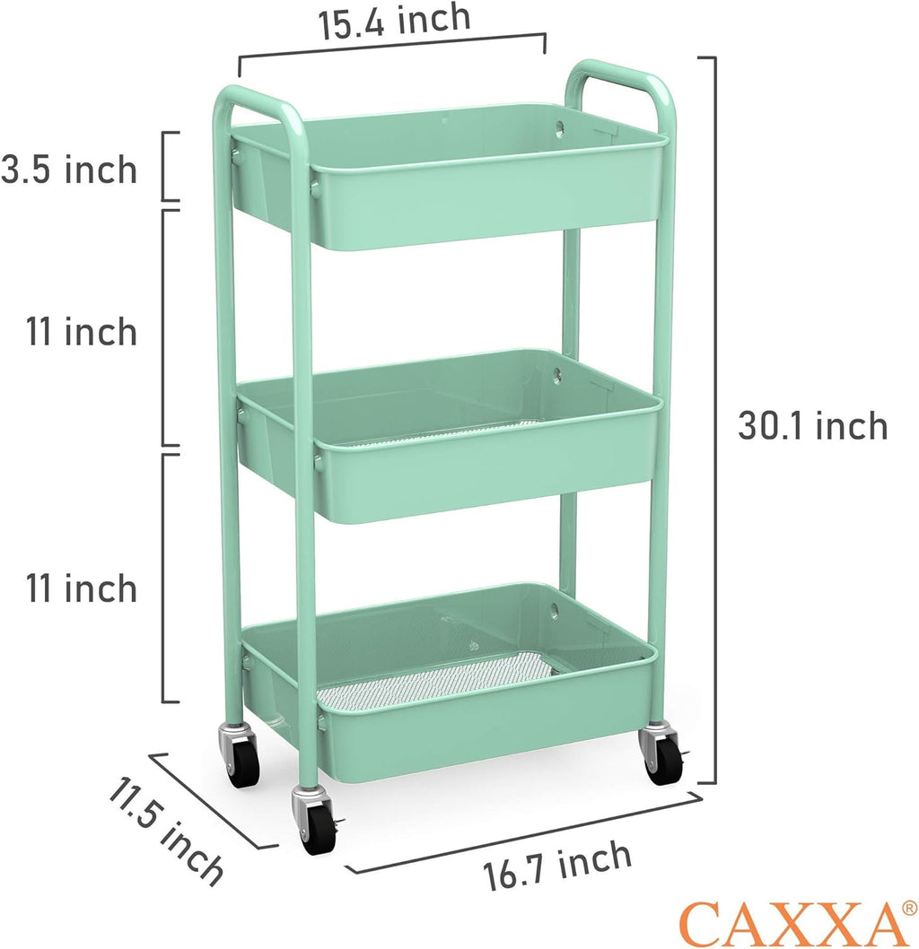 CAXXA 3-Tier Rolling Metal Storage Organizer - Mobile Utility Cart Kitchen Cart with Caster Wheels, White - Grand Goldman
